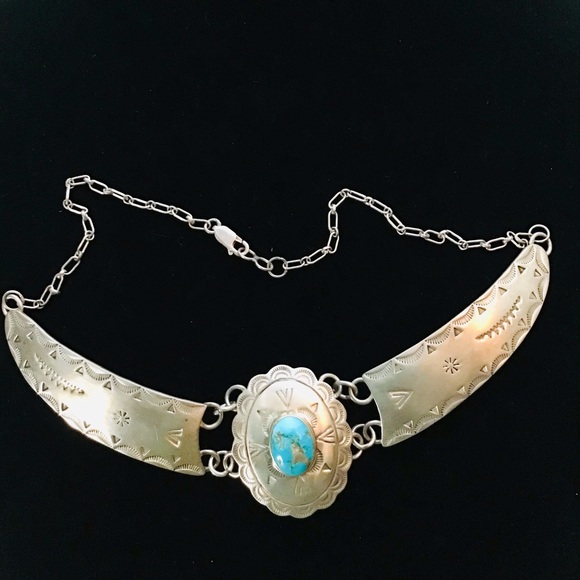 Vintage sterling silver Turquoise Concho Necklace - Picture 4 of 14